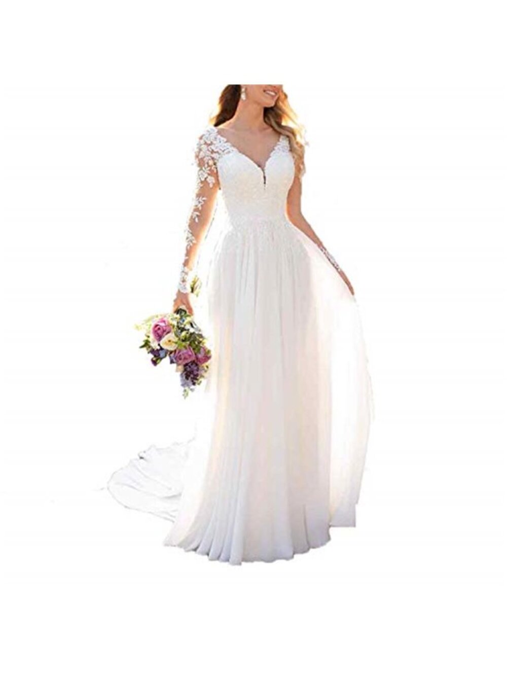 Women's Wedding Dress with Lace Appliques Chiffon A Line Long Sleeves Dress